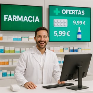 une pharmacie avec des crans digitaux et un pharmacien heureux de faire des ventes cela se passe en espagne donc les ecritures en espagnol